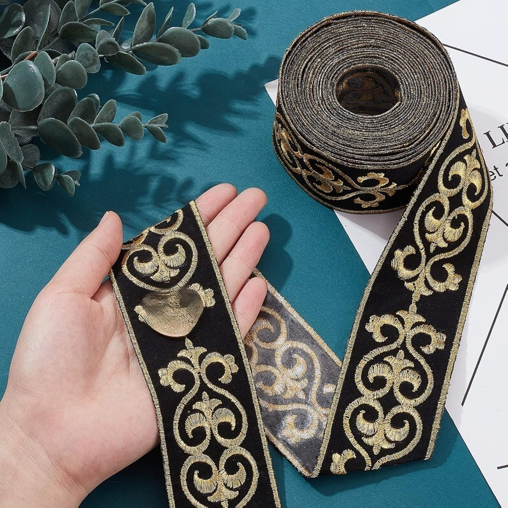 Golden Thread Embroidery Trim with Vintage Scroll Pattern, 2 Meters